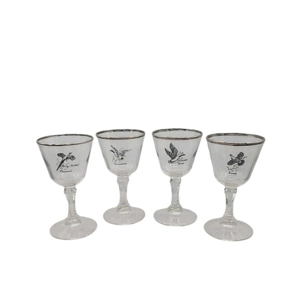 Federal Glass Co Wine Glasses Sportsman Game Birds Platinum‎ USA 1980s Set Of 4